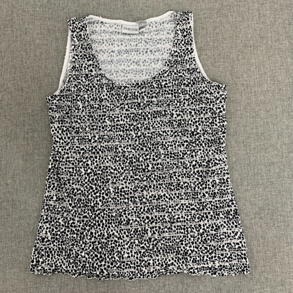 Chico's Snow Leopard‎ Sleeveless Top Size 0=Small Ruffled Tiered Black White